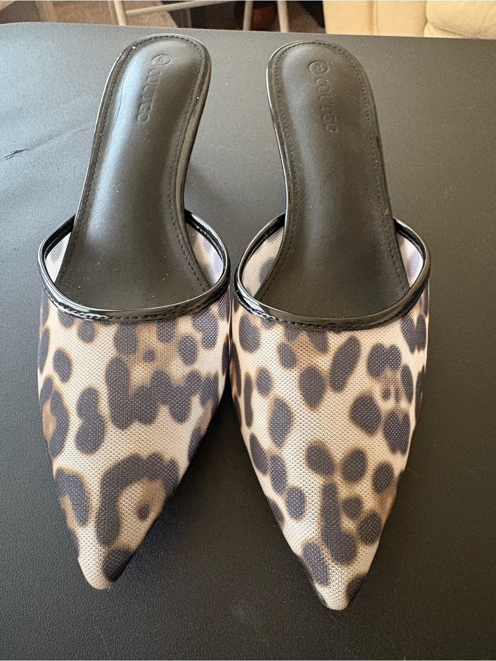 Amazon Leopard-Print Pointed Toe Mules in Black and Tan
